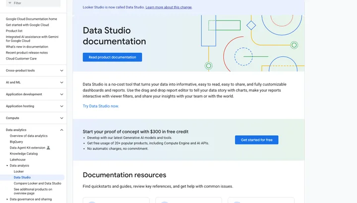 Looker Studio (nu Data Studio) — skærmbillede af værktøjets flade
