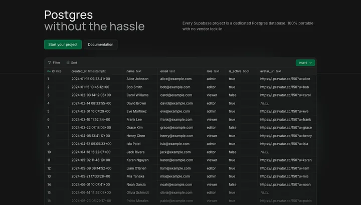 Supabase / egen database — skærmbillede af værktøjets flade